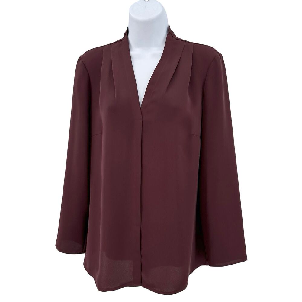 Nic + Zoe Burgundy Long Sleeve Pleated Chiffon Blouse Womens Small V-Neck Hi Low